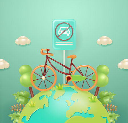 World Car Free Day. Bicycle on miniature earth with plant elements around, 3d vector illustration. Suitable for education and eventsのイラスト素材