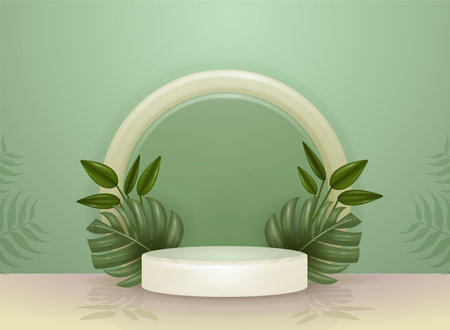 Product podium with natural foliage, with green background objects. Suitable for cosmetic productsのイラスト素材