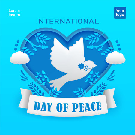 International Day of Peace. Paper cutouts resemble doves, plants and flowers with a heart background. Suitable for eventsのイラスト素材