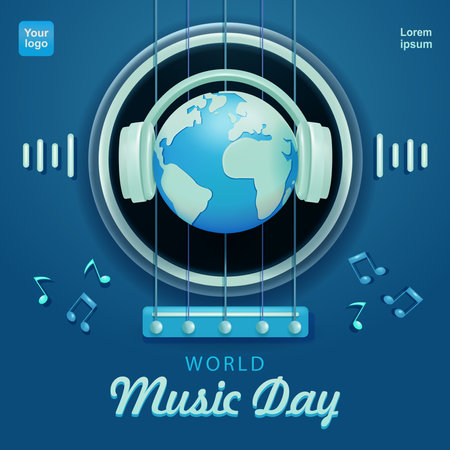 World Music Day. Miniature earth using headphones with guitar background, 3d vector. Suitable for music eventsのイラスト素材