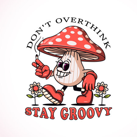 Mushroom walking leisurely while smoking a cigarette retro cartoon, suitable for logos, mascots, t-shirts, stickers and postersのイラスト素材