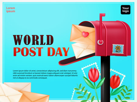 World Postal Day. Mailbox containing a love letter, with tulip flower elements. 3d vector, suitable for events and design elementsのイラスト素材