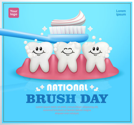 National Brush Day. Smiling clean teeth character and stick on toothbrush. 3d vector suitable for dental care and eventsのイラスト素材