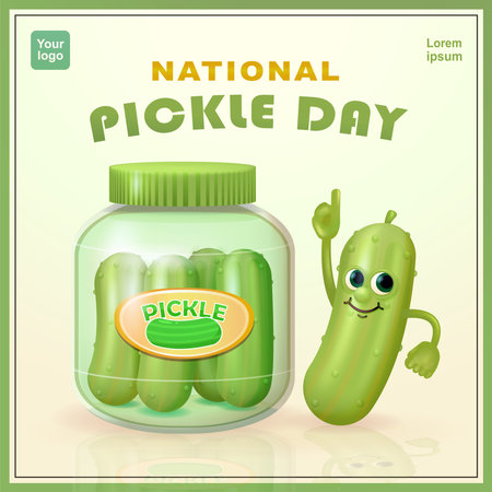 National Pickle Day. Cute pickle character and pickle in a jar. 3d vector, suitable for national pickle day celebration, food and design assetsのイラスト素材