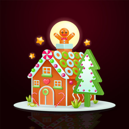 Gingerbread house with cookie tree and gingerbread man, 3d vector. Perfect for Christmas, holiday and party cookiesのイラスト素材