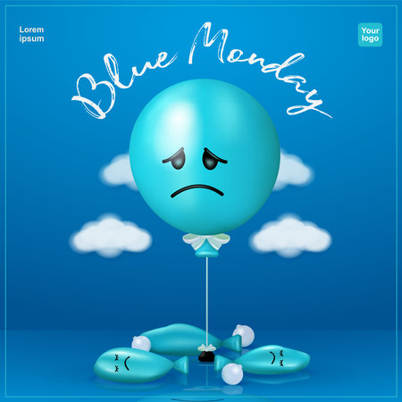 Blue Monday. A sad blue balloon because his friend is deflated, with clouds around him. 3d vector, suitable for events and mental healthのイラスト素材