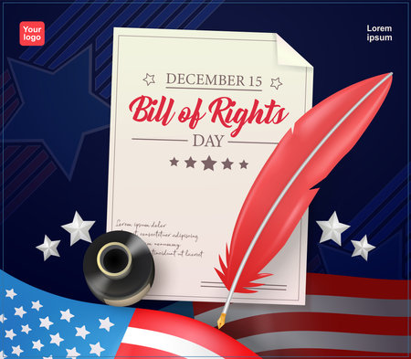Bill of Rights Day, opening letter of the Constitution with pen, ink, stars and American Flag elements. 3d vector, suitable for events and politicsのイラスト素材