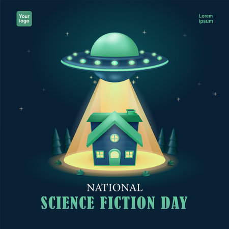 Science Fiction Day. UFO flying at night, carrying a house. 3d vector, suitable for eventsのイラスト素材