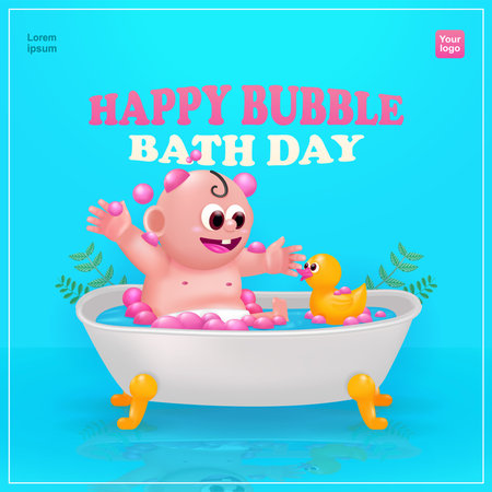 Happy Bubble Bath Day, baby love bubble bath in bath with bath duck toy. 3d vector suitable for eventsのイラスト素材