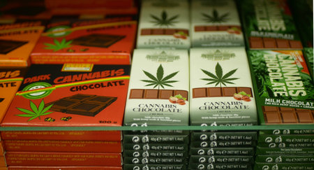 PRAGUE, CZECH REPUBLIC, SEPTEMBER 9, 2019: Cannabis chocolate shop or store Prague, packaged hemp...