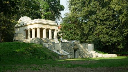 OLOMOUC, CZECH REPUBLIC, NOVEMBER 16, 2019: Mausoleum of Yugoslav soldiers, South Slavic mausoleum in the park, monumental neoclassicism from 1926, Olomouc architectural landmark monumentのeditorial素材