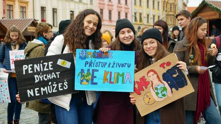 OLOMOUC, CZECH REPUBLIC, NOVEMBER 30, 2019: Friday for future, demonstration against climate change, banner sign money can not breathe, we change the attitude to life not climateのeditorial素材