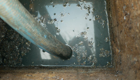 Septic cesspool emptying pumping into pipe tank by suction hose under high pressure. The sump...