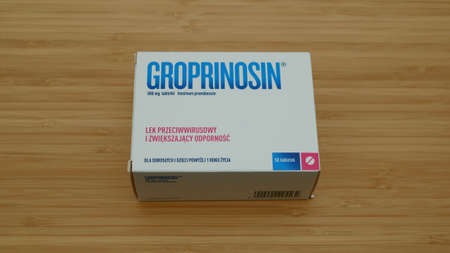OLOMOUC, CZECH REPUBLIC, JANUARY, 20, 2021: Groprinosin tablets influenza coronavirus diseases medicine antivirus viruses antiflu diseases package packing covid-19 pack box pill paper medicalのeditorial素材