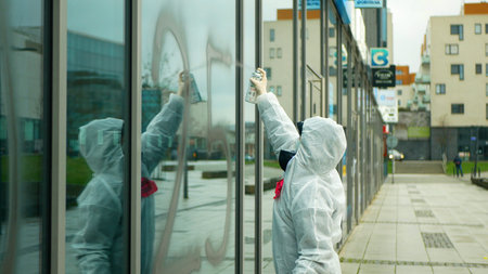 OSTRAVA, CZECH REPUBLIC, APRIL 16, 2021: Extinction Rebellion people protest spray chalk spraying...
