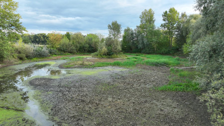 Drought wetland drone aerial, swamp pond very drying up the soil cracked crust earth climate change,...