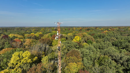 BRNO, CZECH REPUBLIC, OCTOBER, 20, 2022: Science station weather meteorology monitoring measurements eddy covariance systems, scientist work man consist anemometer scientific tower researchのeditorial素材