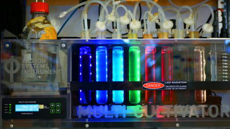 BRNO, CZECH REPUBLIC, AUGUST, 20, 2022: Algae science reactor bubbles, research modern laboratory...