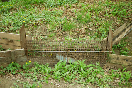 Cage trap least weasel Mustela nivalis box in bushes near barns, cowsheds, farm buildings. Illegal...
