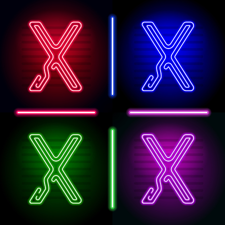Set of realistic neon letters with different neon color glow on dark background. Vector neon typeface for your unique designのイラスト素材
