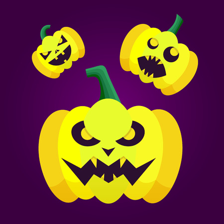 Set of pumpkins silhouette icons with emotion variation for happy halloween. Vector pumpkin dark background for Halloween party poster.のイラスト素材
