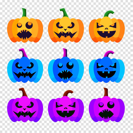 Set of color pumpkins silhouette with emotion variation for halloween party. Isolated on transparent background. Vector Illustration for Happy Halloween.のイラスト素材