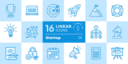 Vector collection of line icons for startup business in blue tone style. Modern outline icons for mobile application and web concepts.のイラスト素材