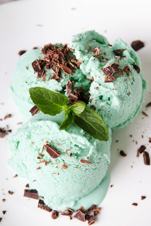 Mint ice cream with chocolate chips on the white plate close-upの写真素材