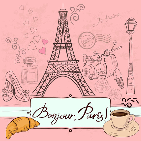 Template with Paris symbols, sketch style illustration. Translation: "Hello, Paris!", "I love you"のイラスト素材