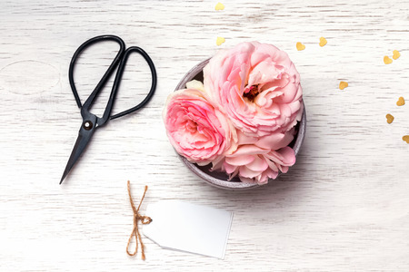 Garden scissors, pink roses and empty card on white wooden background, top viewの写真素材