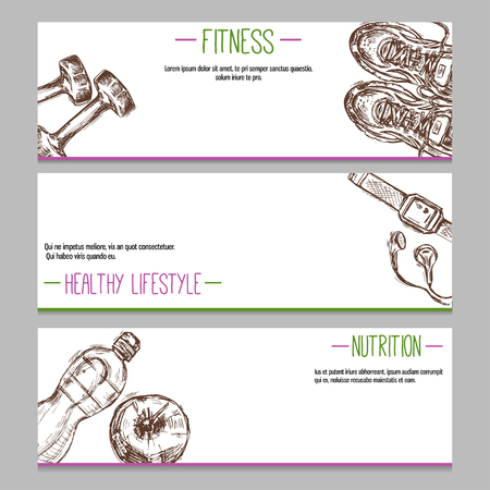 Set of templates with hand drawn fitness items. Cards or banners, healthy lifestyle concept.のイラスト素材