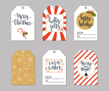 Set of Christmas tags with candy canes, stripes and modern letteringのイラスト素材