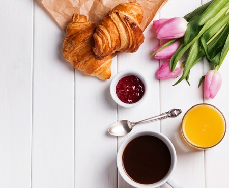 Delicious breakfast on the white table. Top viewの写真素材