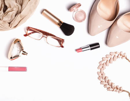 Womans accessories and cosmetics on the white backgroundの写真素材