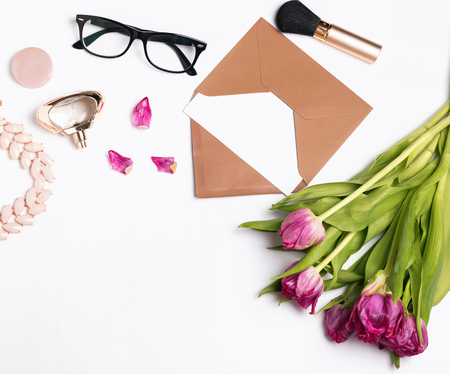 Womans accessories on white background.の写真素材
