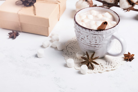 Hot chocolate with marshmallows close-up.の写真素材