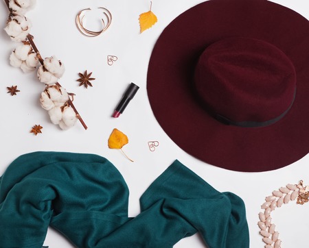 Hat, skarf and small autumn related itemsの写真素材