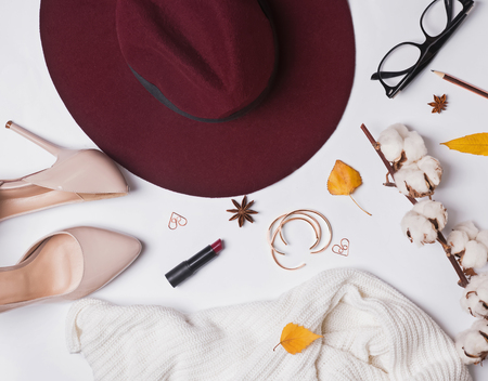Womans accessories and autumn related items on white backgroundの写真素材