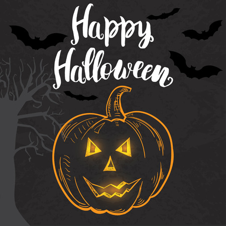 Halloween template with hand drawn pumpkin and lettering on the dark backgroundのイラスト素材
