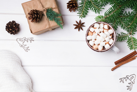Hot cocoa, fir branches and knitted sweater on the white background, top viewの写真素材