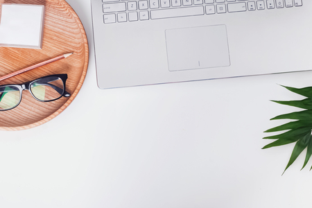 Minimalistic style workplace with laptop, tropic leaf decor and glasses, top viewの写真素材