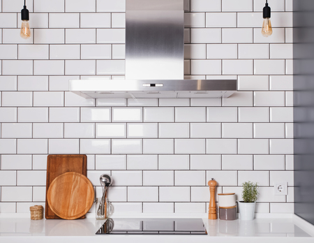 Details of modern kitchen interior with white brick wallの写真素材
