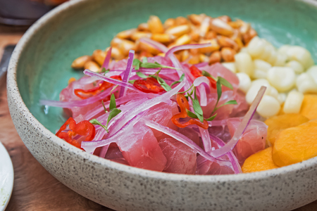Close-up shot of delicious traditional Peruvian ceviche in the restaurantの写真素材