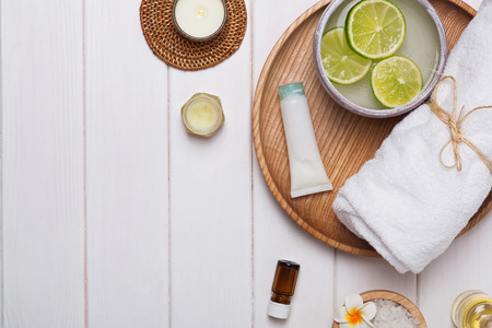 Spa essentials on the white backgorund, top viewの写真素材