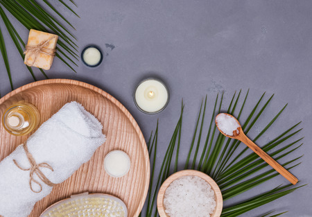 Coconut oil bodycare concept. Coconut, brush and other spa related items, top viewの写真素材