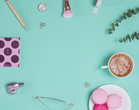 Stylish feminine accessories on the pastel background, top viewの写真素材