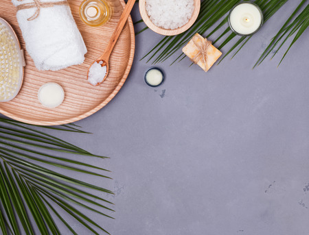 Spa essentials on the grey backgroundの写真素材