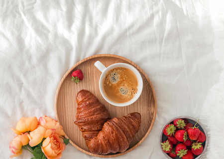 Breakfast in bed, top viewの写真素材