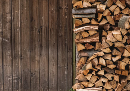 Stacked firewood near a wooden barn door