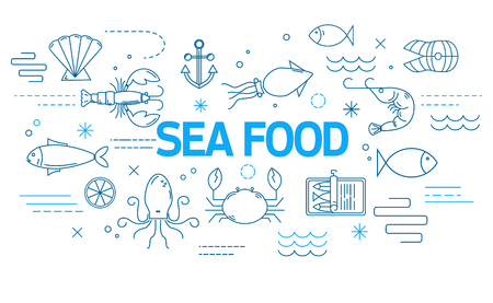 Sea food banner in modern style with thin line icons.のイラスト素材